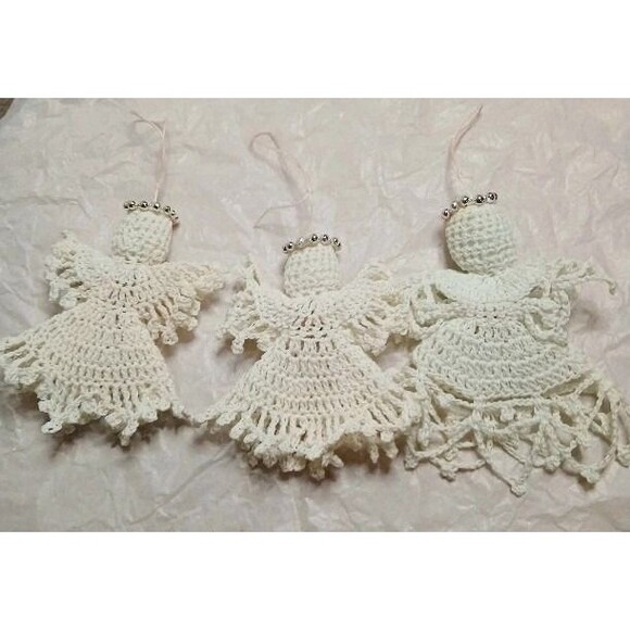 Handmade  Crochet Angel Ornaments-Set of 3 Vintage White Christmas Angels - Picture 2 of 12